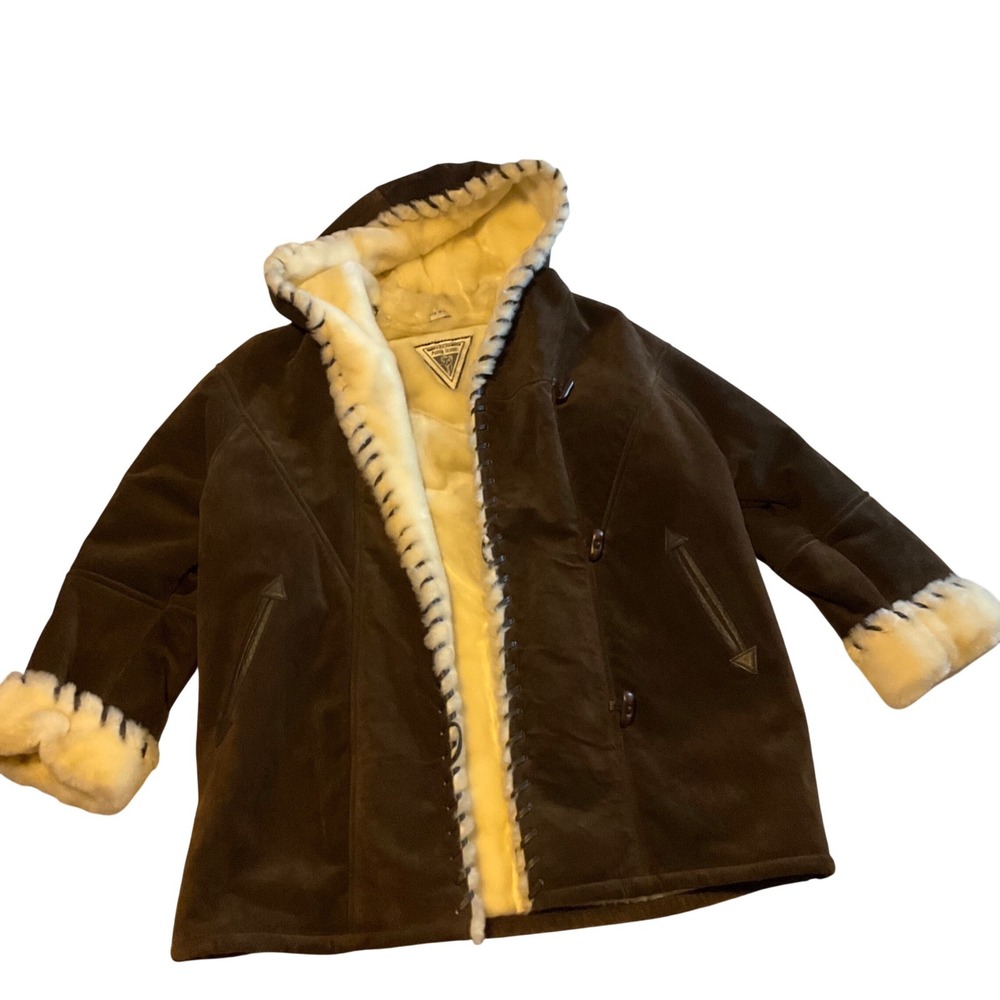 J‎ Percy For Marvin Richards Brown Suede Shearling Lined Hooded Jacket Coat L XL